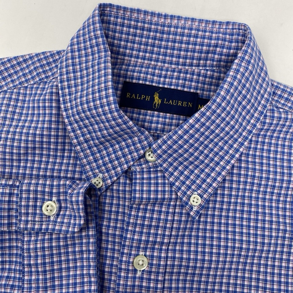 Ralph Lauren Button Down‎ Mens Medium Blue Pink Gingham Plaid Cotton Long Sleeve